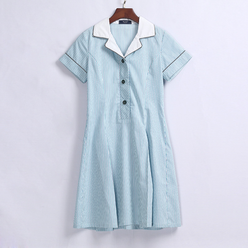 校服定制女学生蓝色条纹短袖连衣裙 DELUNSA073