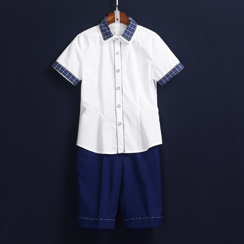 夏季短袖衬衫套装清新异色领白色校服订做 DELUNSA086