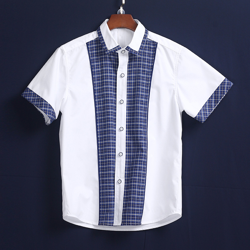 夏季短袖衬衫套装格子拼接白色校服订做 DELUNSA089