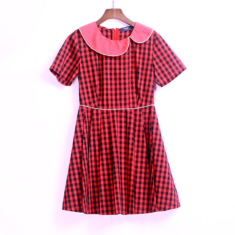 夏季短袖红色格子娃娃斜领英伦风连衣裙订做DELUNSA094