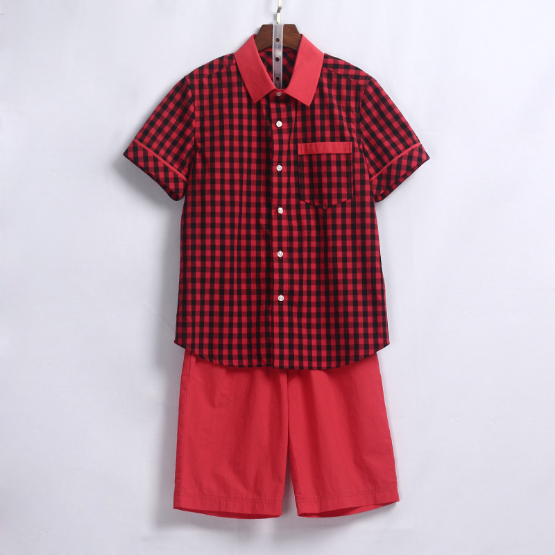 夏季短袖红色格子衬衫中小学生校服订做 DELUNSA096